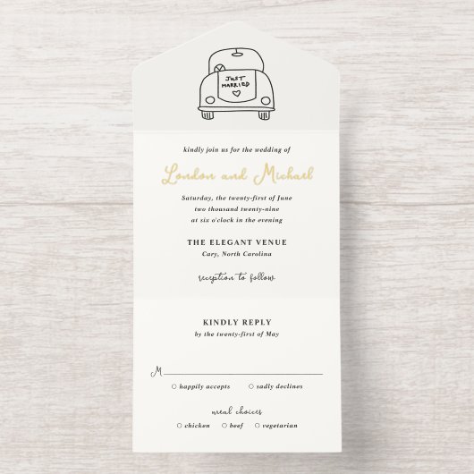 Hand Drawn Car Doodle Modern Wedding オールインワン招待状 (内側)