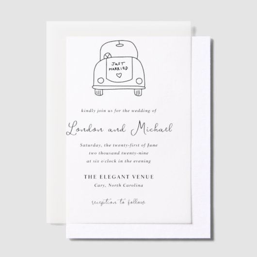 Hand Drawn Car Doodle Modern Wedding ベラム紙招待状 (オフセット)