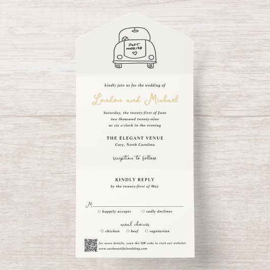 Hand Drawn Car Doodle QR Code Modern Wedding オールインワン招待状 (内側)