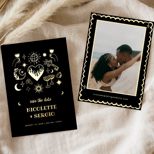 Hand Drawn Celestial Wedding Save the Date in Gold 箔招待状