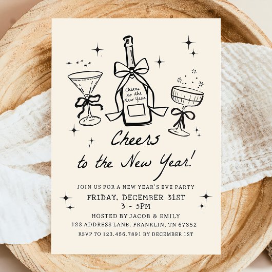 Hand Drawn Champagne Cheers New Years Eve Party 招待状