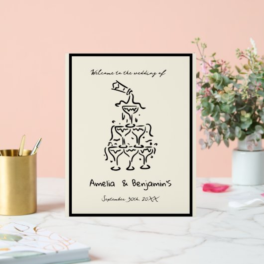 Hand Drawn Champagne Tower Retro Welcome wedding アクリルサイン (ウェディング)