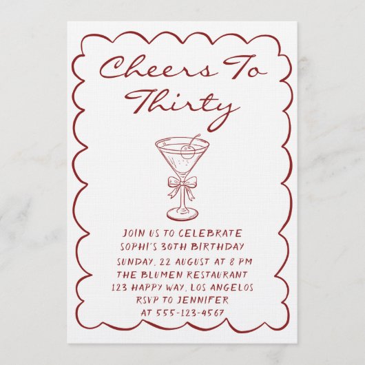 Hand Drawn Cheers to Thirty Martini Birthday 招待状 (正面)