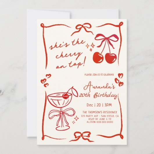 hand-drawn cherry martini birthday invitation 招待状 (正面)