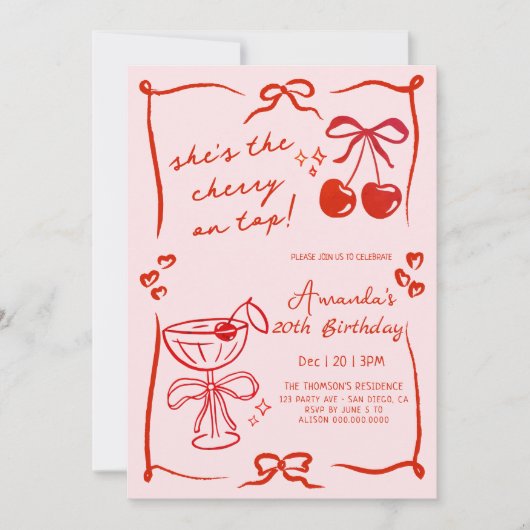 hand-drawn cherry martini birthday invitation 招待状 (正面)