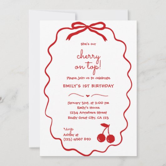 Hand Drawn Cherry on Top Birthday 招待状 (正面)