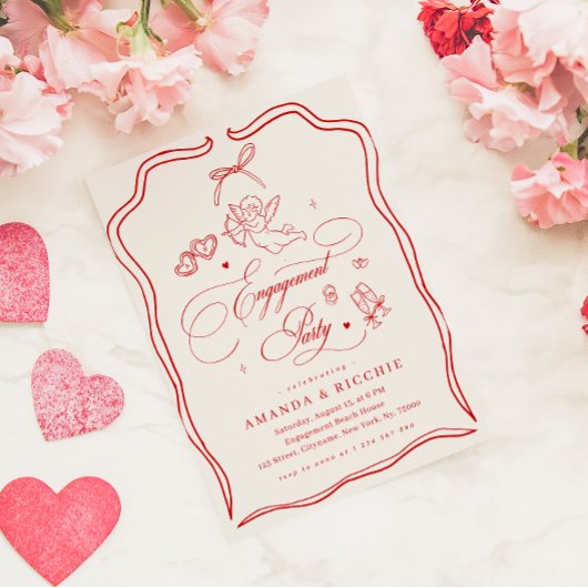 Hand Drawn Cherub Vintage Cupid Engagement Party 招待状