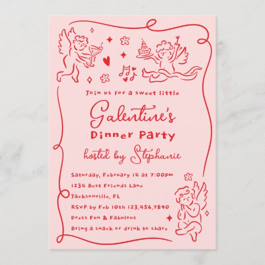 Hand Drawn Cherubs Pink Red Galentine's Day Party 招待状 (正面)