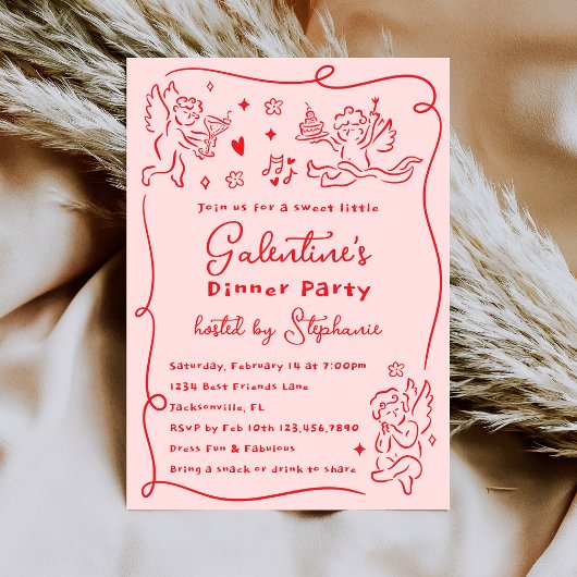 Hand Drawn Cherubs Pink Red Galentine's Day Party 招待状