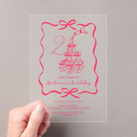 Hand Drawn Chic Pink Champagne 21st Birthday Party アクリル招待状 (インサイチュ (ポータブル))