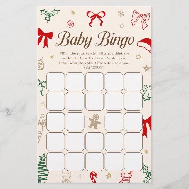 Hand Drawn Christmas Baby Shower Bingo Game (正面)