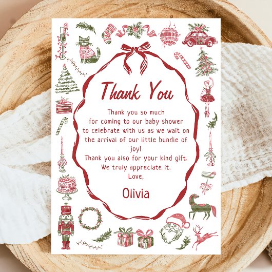 Hand Drawn Christmas Baby Shower Thank You Card サンキューカード