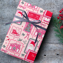 Hand Drawn christmas doodles pink custom name ラッピングペーパー