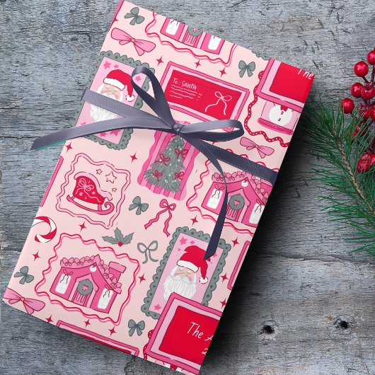 Hand Drawn christmas doodles pink custom name ラッピングペーパー