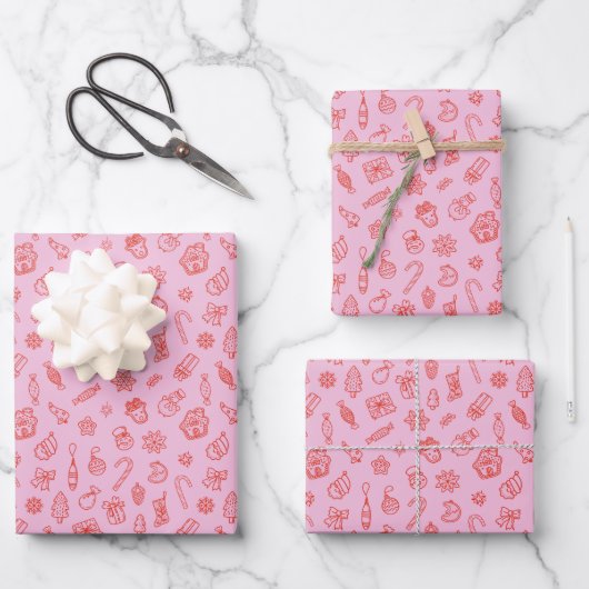 Hand drawn  Christmas Pink and Red Wrapping Paper ラッピングペーパーシート (正面)