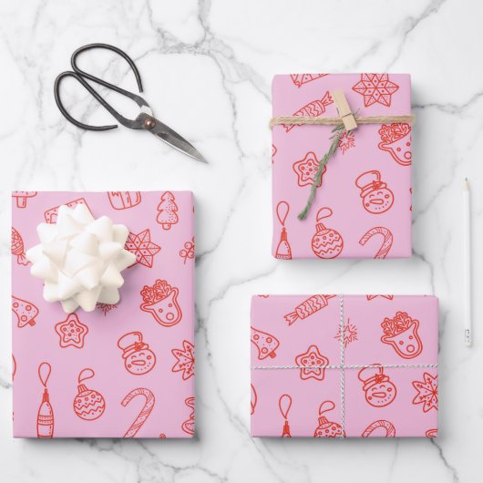 Hand drawn Christmas Pink and Red Wrapping Paper ラッピングペーパーシート (正面)