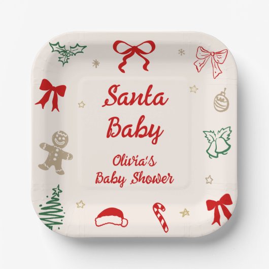 Hand Drawn Christmas Santa Baby Baby Shower ペーパープレート (正面)