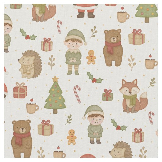 Hand Drawn Christmas Woodland Fabric ファブリック (クローズアップ)