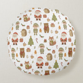 Hand Drawn Christmas Woodland Round Pillow ラウンドクッション