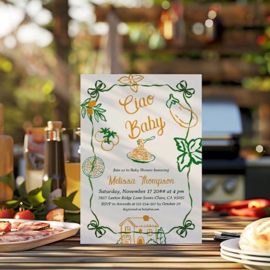 Hand Drawn Ciao Italian Pizza & Pasta Baby Shower 招待状