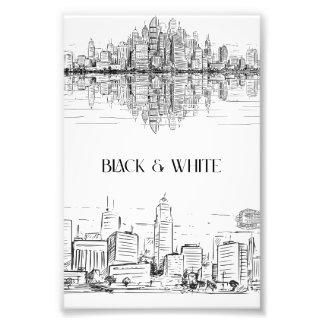 Hand Drawn City Skyline | Black and White Urban フォトプリント