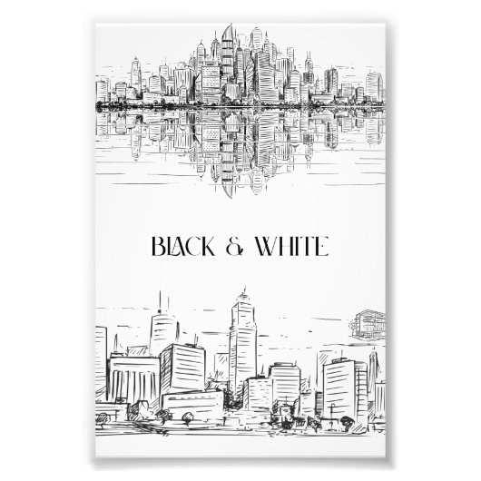 Hand Drawn City Skyline | Black and White Urban フォトプリント (正面)