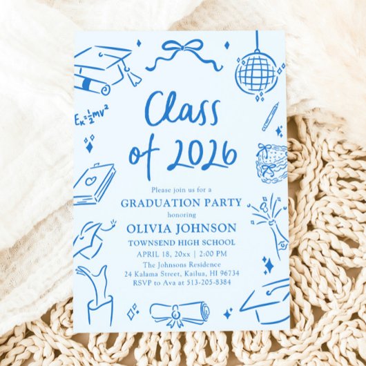 Hand Drawn Class of 2026 Blue Graduation Party 招待状