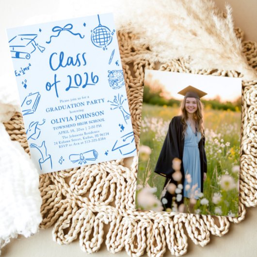 Hand Drawn Class of 2026 Blue Graduation Party 招待状
