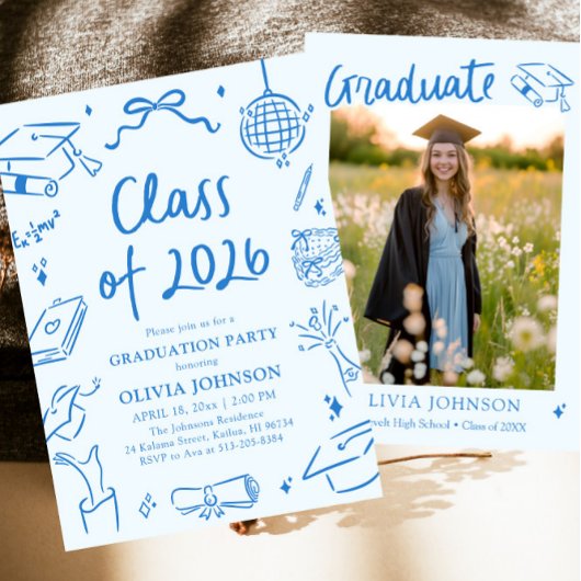 Hand Drawn Class of 2026 Blue Graduation Party 招待状