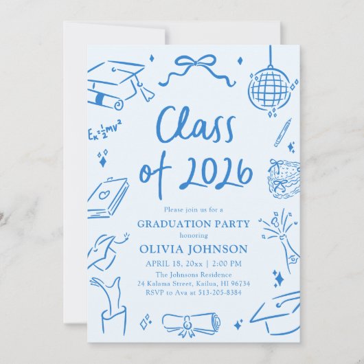 Hand Drawn Class of 2026 Blue Graduation Party 招待状 (正面)