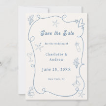 Hand drawn coastal beach dusty blue ivory wedding
