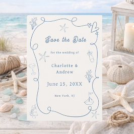 Hand drawn coastal beach dusty blue ivory wedding セーブザデート