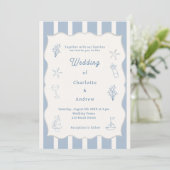 Hand drawn coastal beach dusty blue ivory wedding 招待状 (スタンド正面)