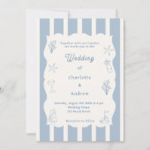 Hand drawn coastal beach dusty blue ivory wedding 招待状 (正面)