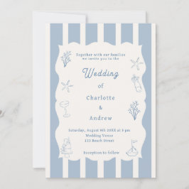 Hand drawn coastal beach dusty blue ivory wedding 招待状