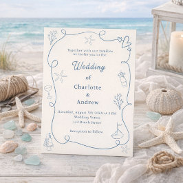 Hand drawn coastal beach dusty blue ivory wedding 招待状
