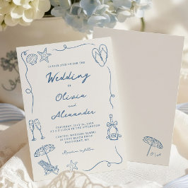 Hand Drawn Coastal Beach Dusty Blue Ivory Wedding 招待状