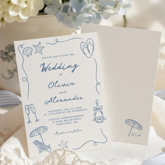 Hand Drawn Coastal Beach Dusty Blue Ivory Wedding 招待状