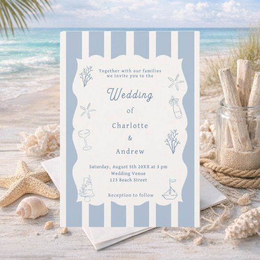 Hand drawn coastal beach dusty blue ivory wedding 招待状
