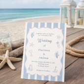 Hand drawn coastal beach dusty blue ivory wedding 招待状