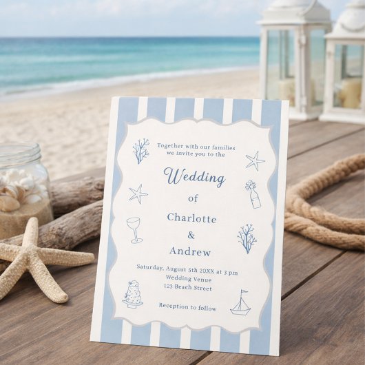 Hand drawn coastal beach dusty blue ivory wedding 招待状