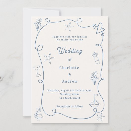 Hand drawn coastal beach dusty blue ivory wedding 招待状 (正面)