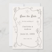 Hand drawn coastal beach ivory taupe sand wedding セーブザデート (正面)