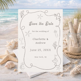 Hand drawn coastal beach ivory taupe sand wedding セーブザデート