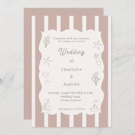 Hand drawn coastal beach ivory taupe wedding 招待状