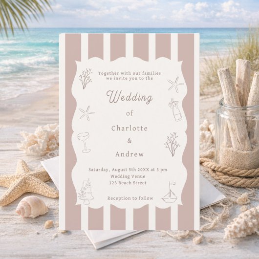 Hand drawn coastal beach ivory taupe wedding 招待状