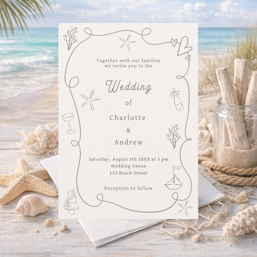 Hand drawn coastal beach taupe sand ivory wedding 招待状