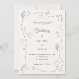 Hand drawn coastal beach taupe sand ivory wedding 招待状
