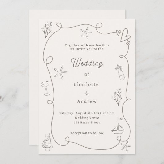Hand drawn coastal beach taupe sand ivory wedding 招待状 (正面/裏面)