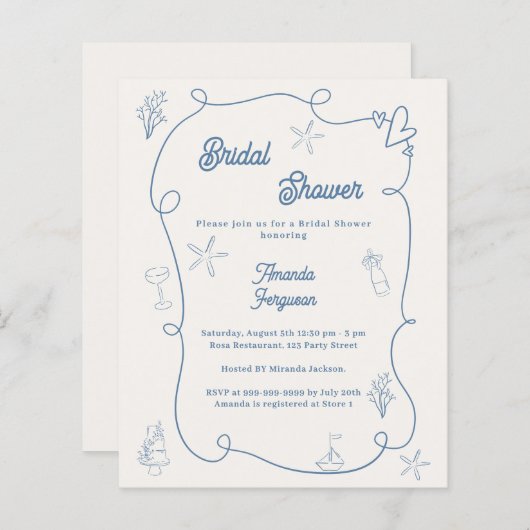 Hand drawn coastal blue Bridal Shower invitation (正面/裏面)